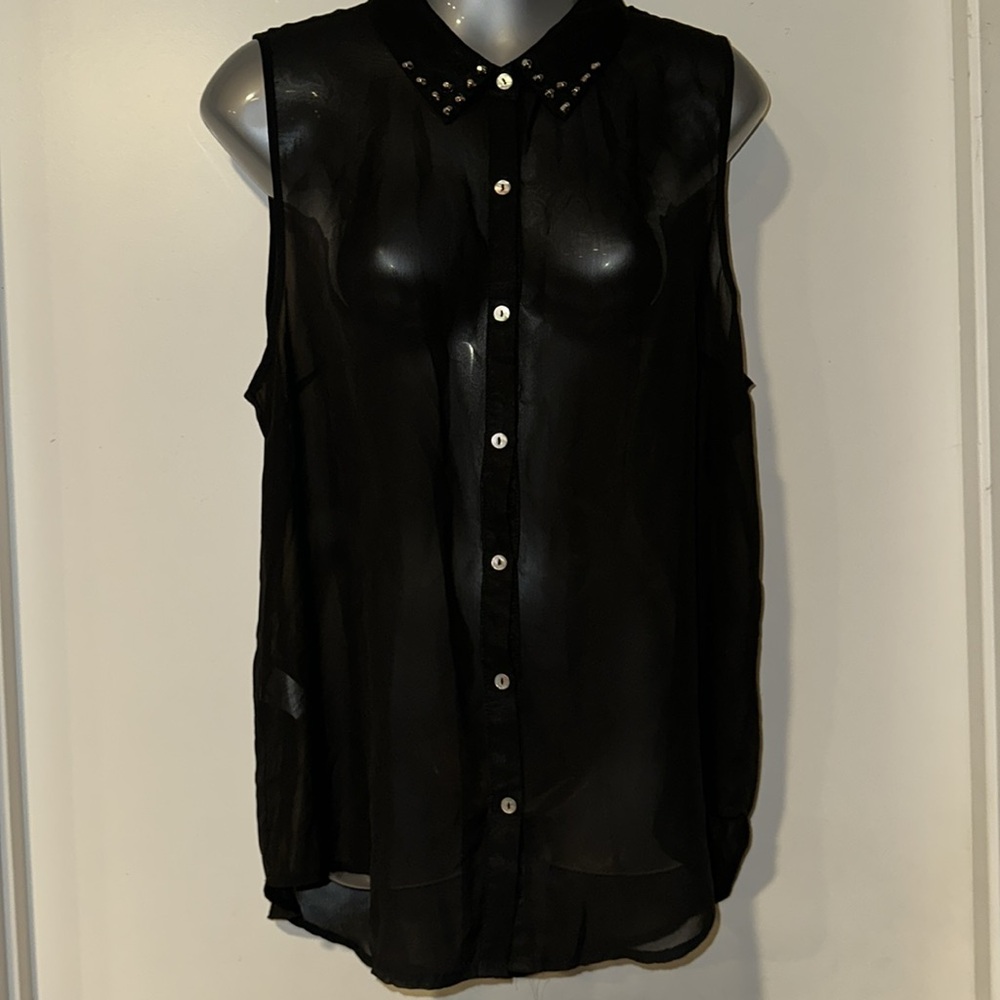 Daniel Rainn Black Sheer Sleeveless Top with Studded Collar Size L